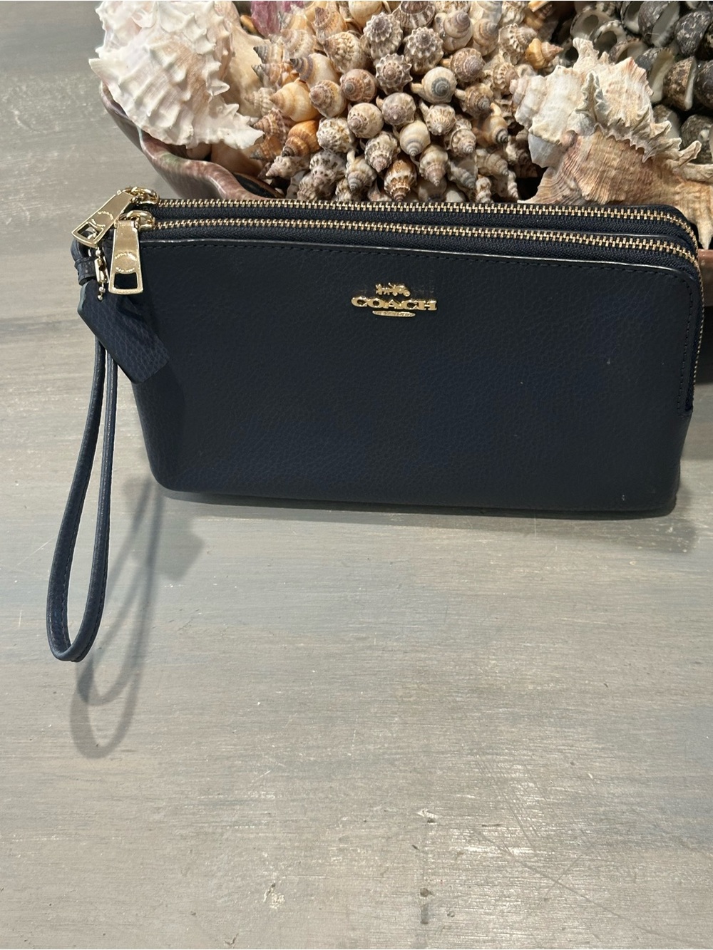 Coach Navy Double-Zipper Wristlet/Wallet with Gold Hardware